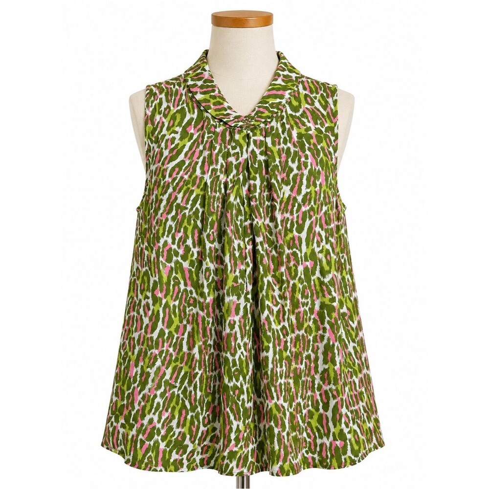 Sleeveless Green & Pink Printed Pleated Swing Blouse